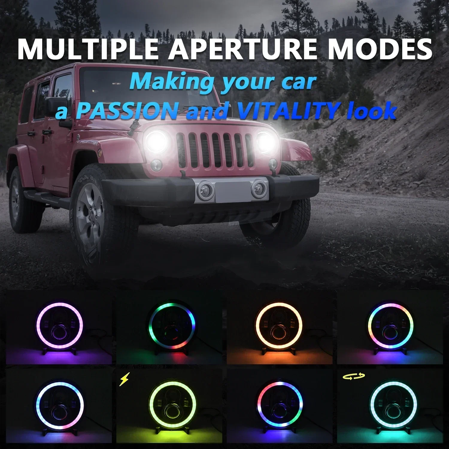 

1Pair 7 inch Led Headlight Hi-Lo Beam With RGB Multi-Color DRL Halo Ring Angel Eye Projector Light for Harley Jeep Wrangler Jk