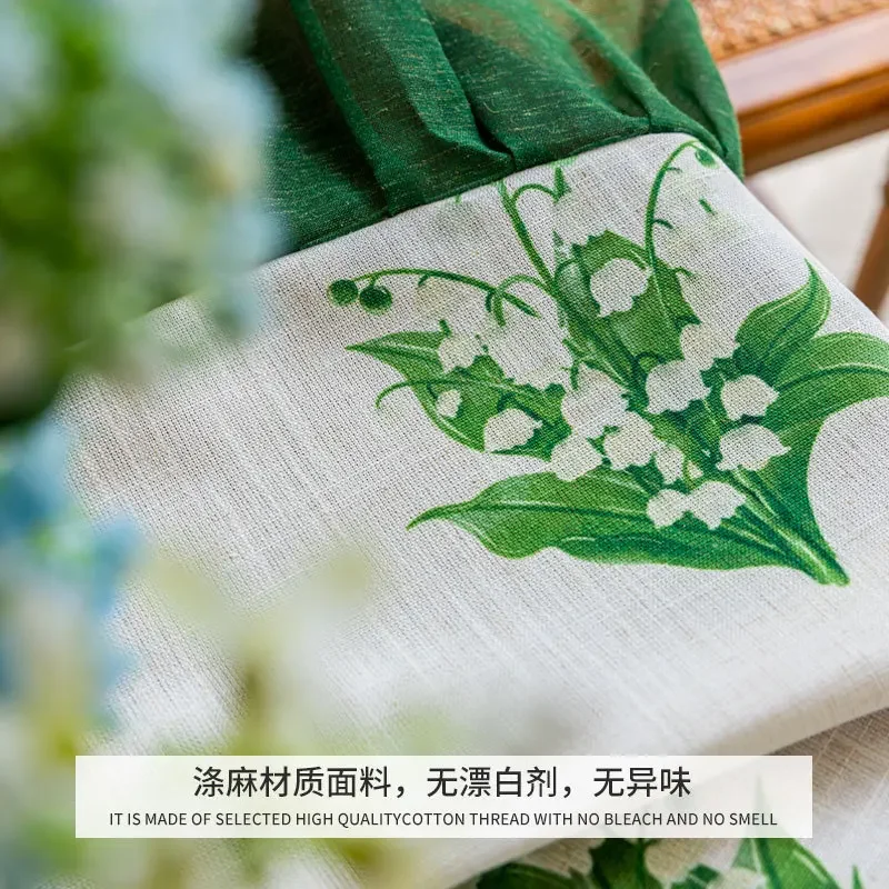 Green Leaves Print Round Tablecloth Polyester Cotton Boho Table Cloth with Lace for Kitchen Restaurant Party Decoration Cover