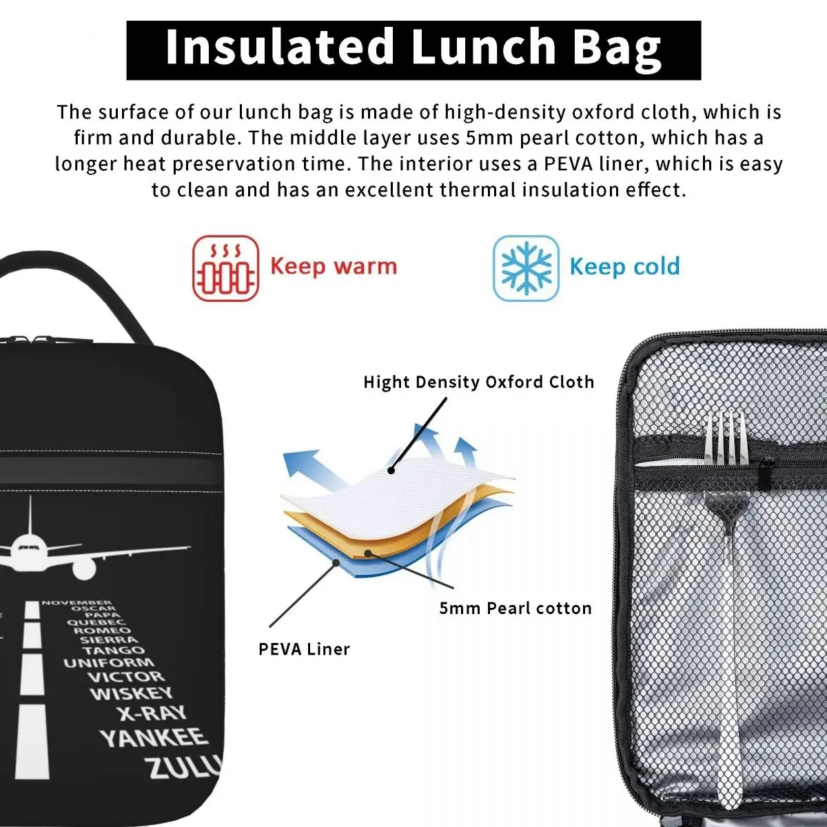 Phonetic Alphabet Pilot Airplane Funny Aviation Gift Insulated Lunch Bag for Women Kids Food Boxes Thermal Lunch Box Tote