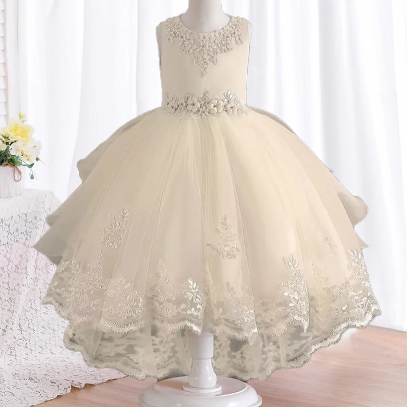 Children\'s Dress Girls\' Open Back Lace Skirt Flower Girl Fashionable Wedding Dress Bridesmaid Dress Graduation Photos Costumes