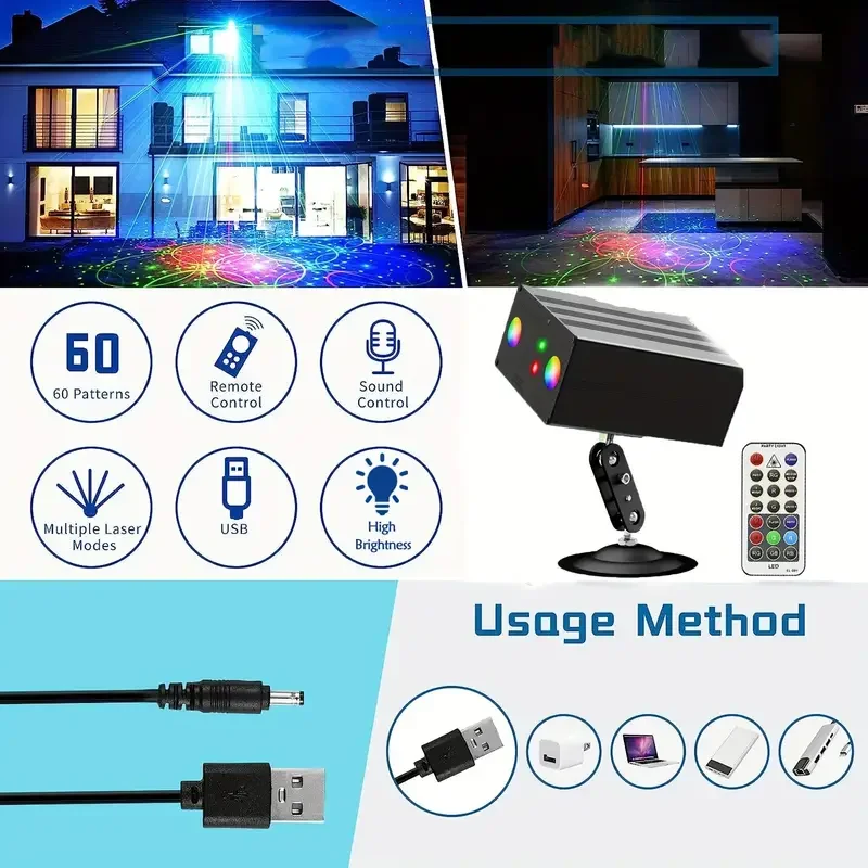 

Новый светодиодный окружающий свет, перезаряжаемые сценические светильники с многоцветными эффектами, лампы с голосовой активацией, мигающий лазер для домашнего бара, вечеринки