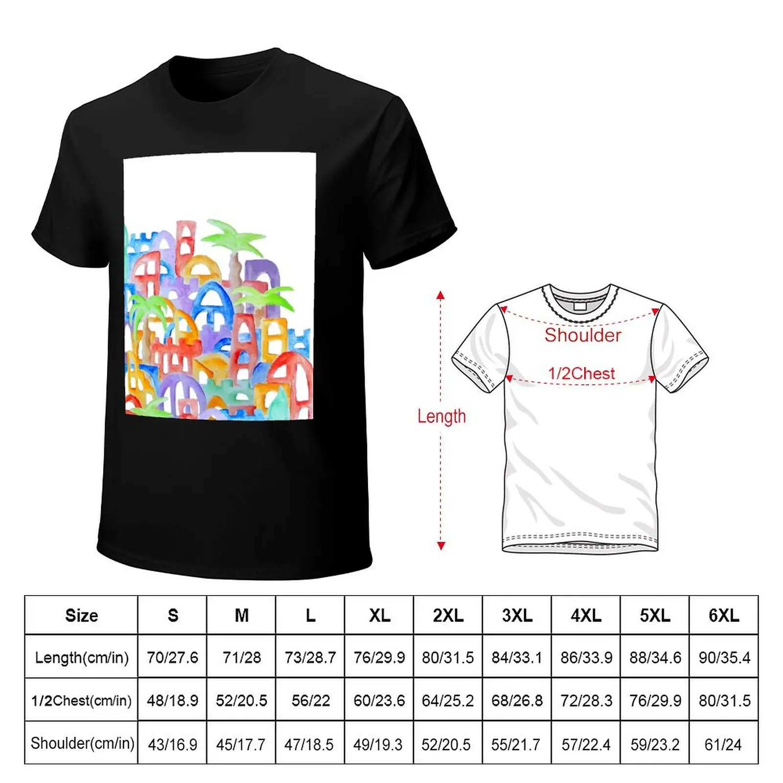 Colorful Oriental Watercolor City Cinque Terre Aquarelle Drawing T-Shirt Soft Durable Cotton T-Shirt