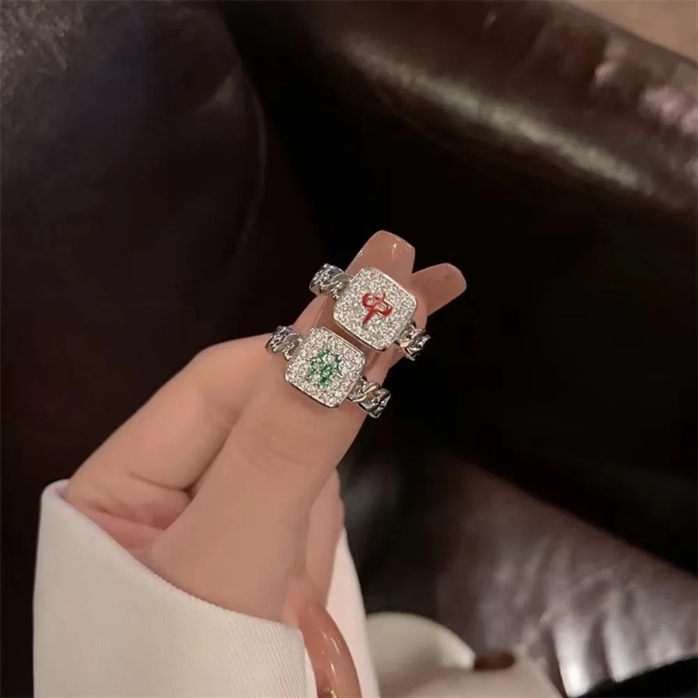 New Chinese Fashion Mahjong Rings for Women Men Player Inlay Full Zircon Sparkling  Luxury Jewelry Creative Lucky Fortune Gifts