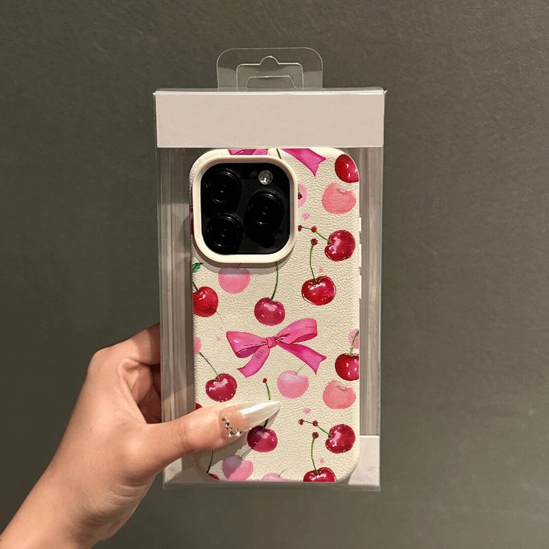 Funda de teléfono con estampado de cereza y lazo para iPhone 17Air 16 Pro Max 15 Plus 14 13 12 11 XS XR X, funda de silicona a prueba de golpes