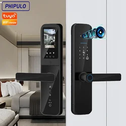 PHIPULO-cerradura electrónica Digital Tuya, bloqueo de puerta inteligente con desbloqueo remoto, Ojo de gato, biométrico, huella dactilar, tarjeta IC