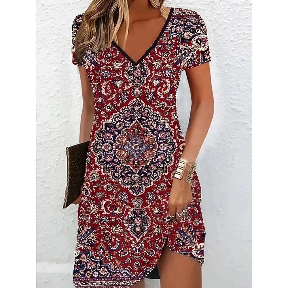 Women Short Sleeve V-Neck A-Line Dress Marble Pattern 3D Print Dress 2023 New Oversizd Casual Elegant Female Mini Dress Vestidos