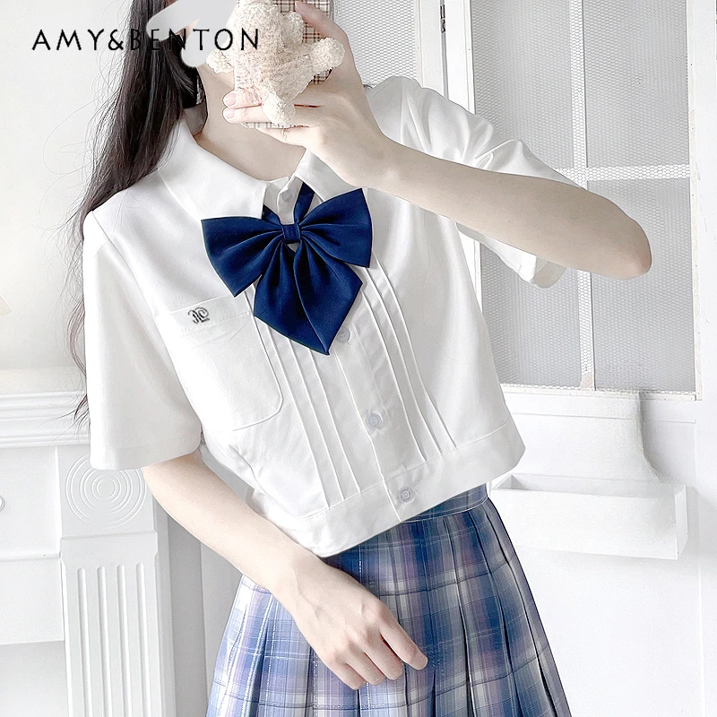 

Retro Cute Single-breasted JK Shirt Waist-Tight Short-Sleeved Summer College Style Uniform Basic Top Pleated White Blouse Female