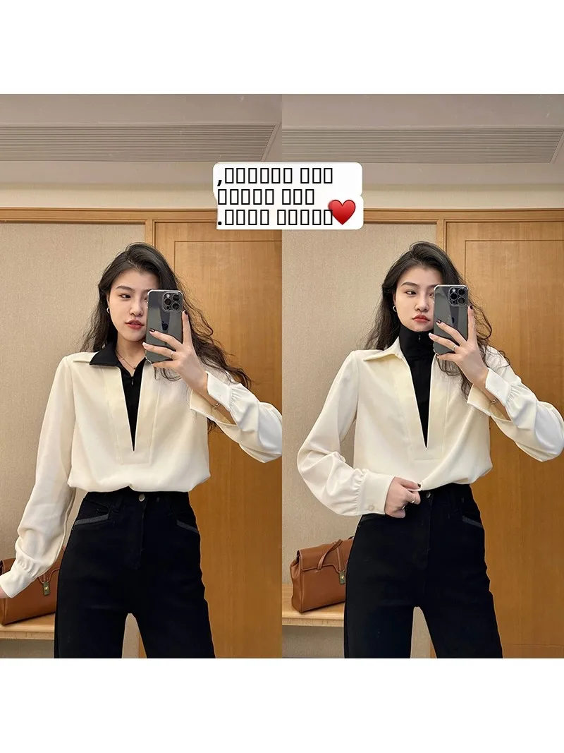 

Faionable Fake Two-Piece Patchwork irt Spring New Arrival Ele Personali Match Polyester Fiber Long Sve Women's S...