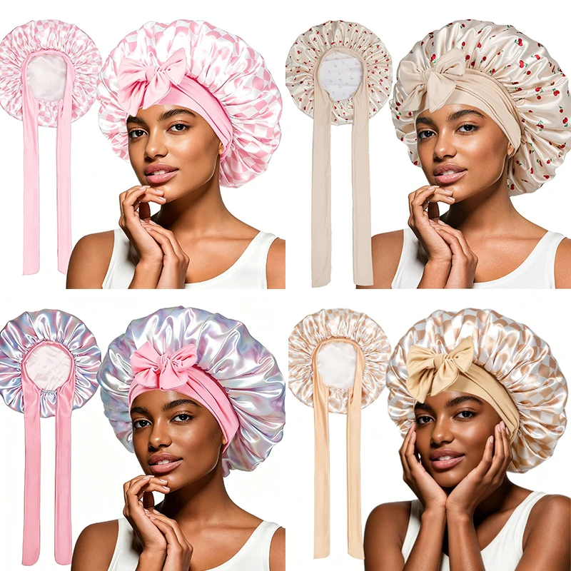 Beige Cherry Pattern Satin Women Bonnet Lace-Up Hair Care Sleep Cap Soft Breathable Night Hat Casual Home Sleeping Headwear