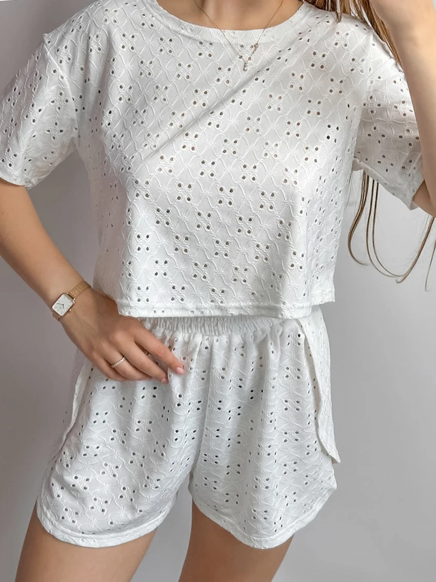 

Marthaqiqi Loose Women Nightgowns Suit O-Neck Sleepwear Short Sleeve Pajamas Crop Top Nightie Shorts Casual Female Nightwear Set