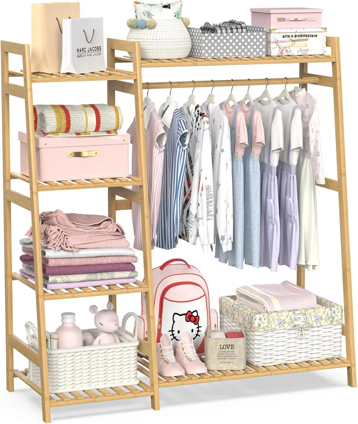 Kids Clothing Rack with Shelves, Bamboo Garment Rack for Nursery with Top Shelf, Medium Size