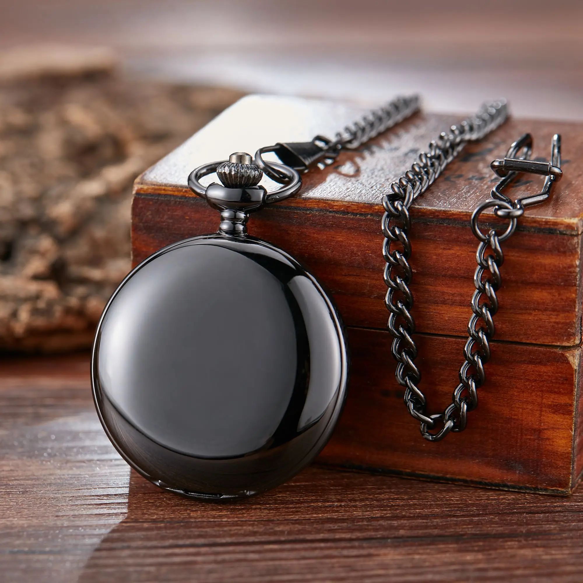 Reloj de bolsillo mecánico negro de lujo para hombre y mujer, esfera con números romanos Vintage lisos, cadena Fob, reloj colgante para colección