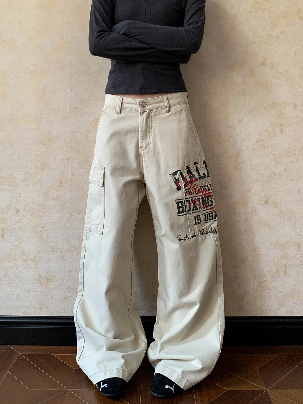 

Брюки рабочие женские Aket в американском ретро-стиле с принтом, свободные, прямые, повседневные, с высокой талией, из хлопка