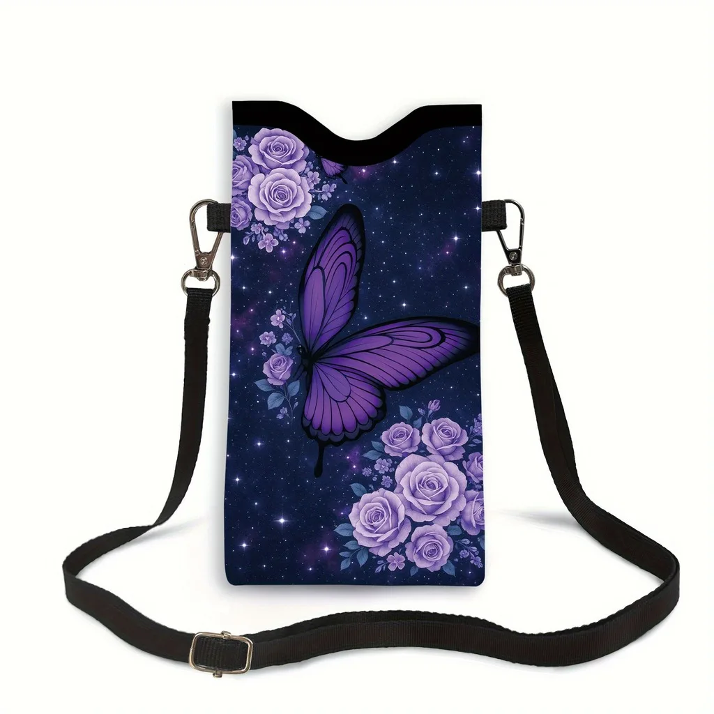 Adjustable Strap Bag Lightweight Mini Crossbody Phone Bag Purple Butterfly Bag Compact Water Resistant Pouch For Universal Use