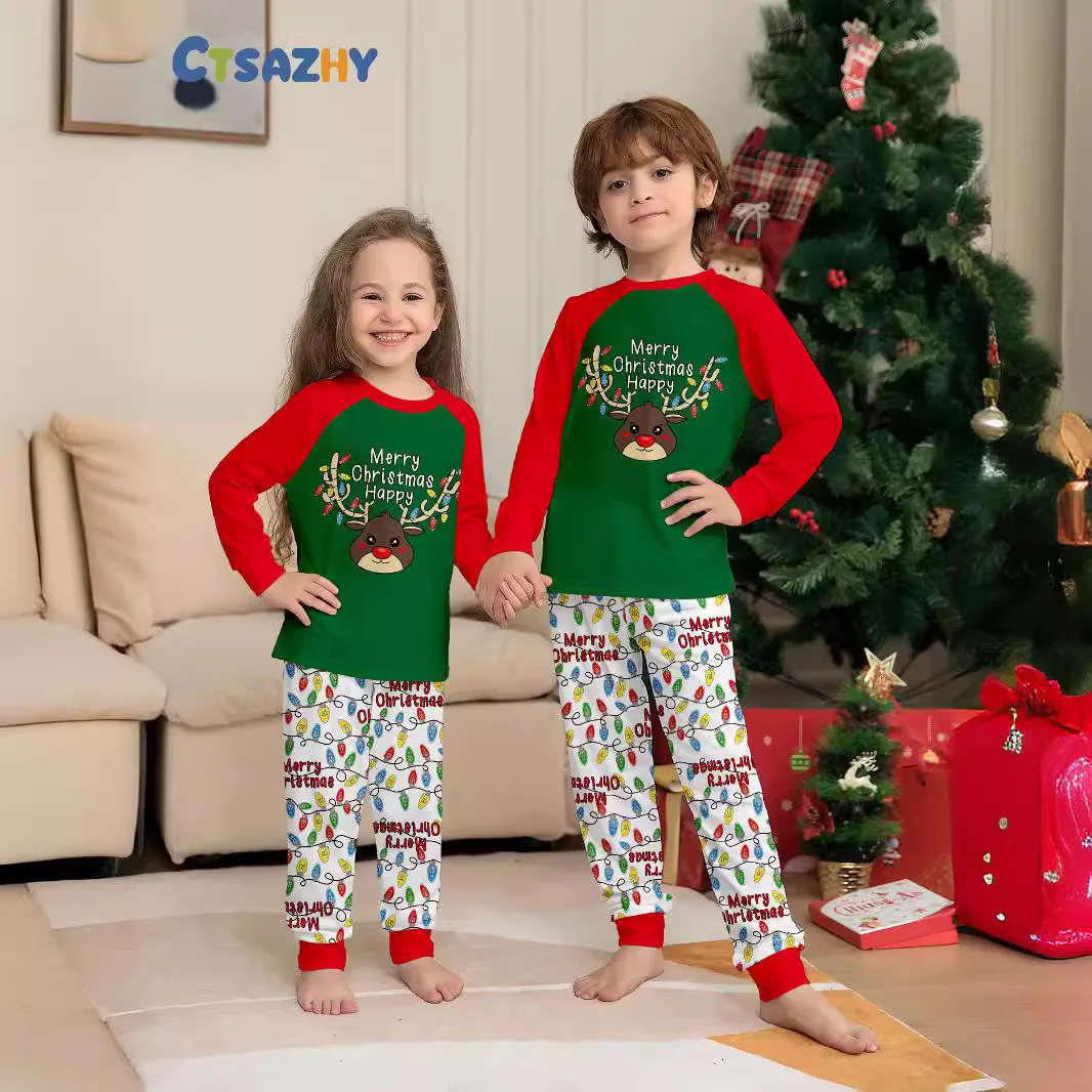 Children's clothing two-piece autumn and winter Christmas parent-child suit foreign antler print color Christmas home clothing