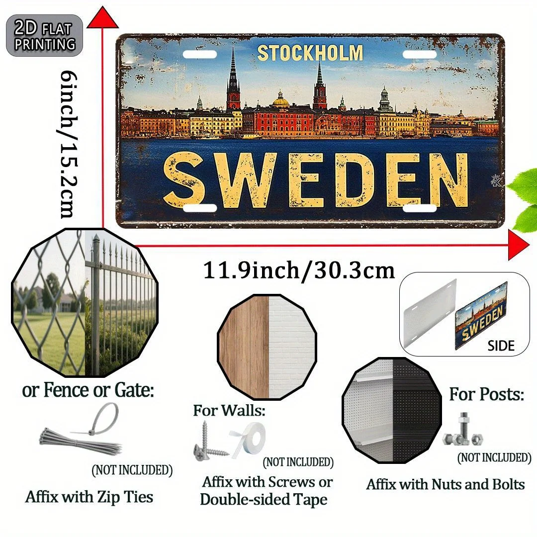 2D Flat, 2D Flat Printing, 1pc, Stockholm, Sweden Vintage Metal Aluminum License Plate, Decorative Sign(11.9X 6inch), for Decora