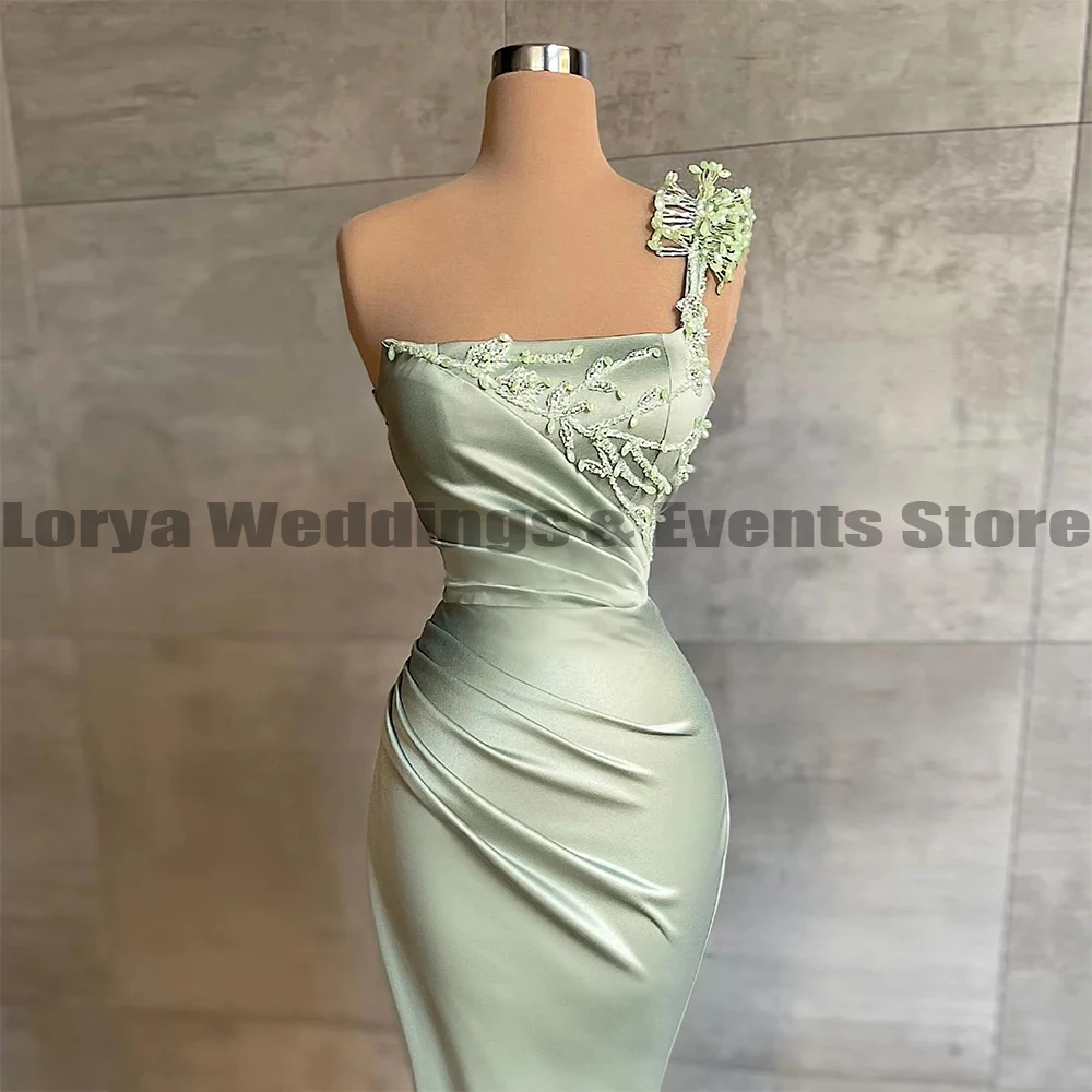 Lichtgroen Avondjurken Vrouwen Elegante Off-De-Schouder Mouwloos Satijn Geplooide Applique Prinses Prom Formele Party fashio