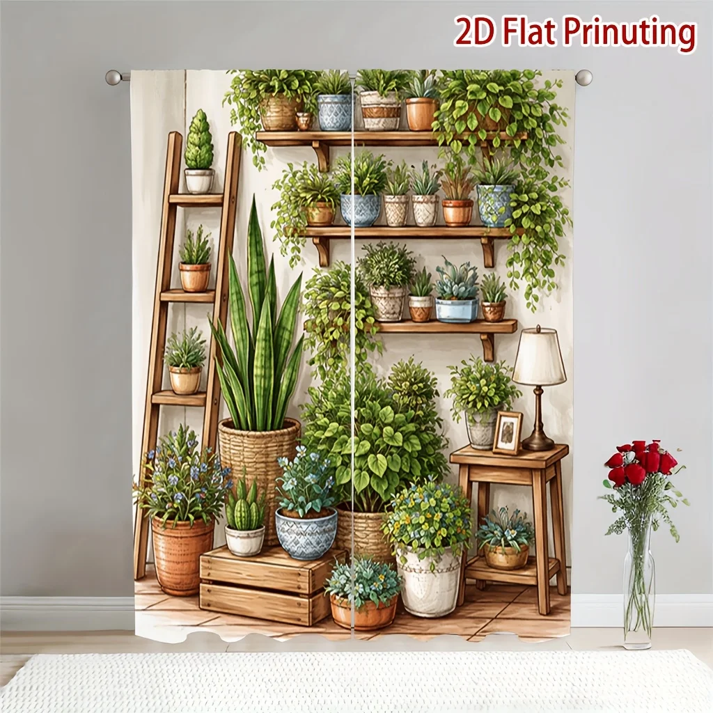 2PCS Digital Print Curtains Potted Succulent Plants Botanical Rod Pocket