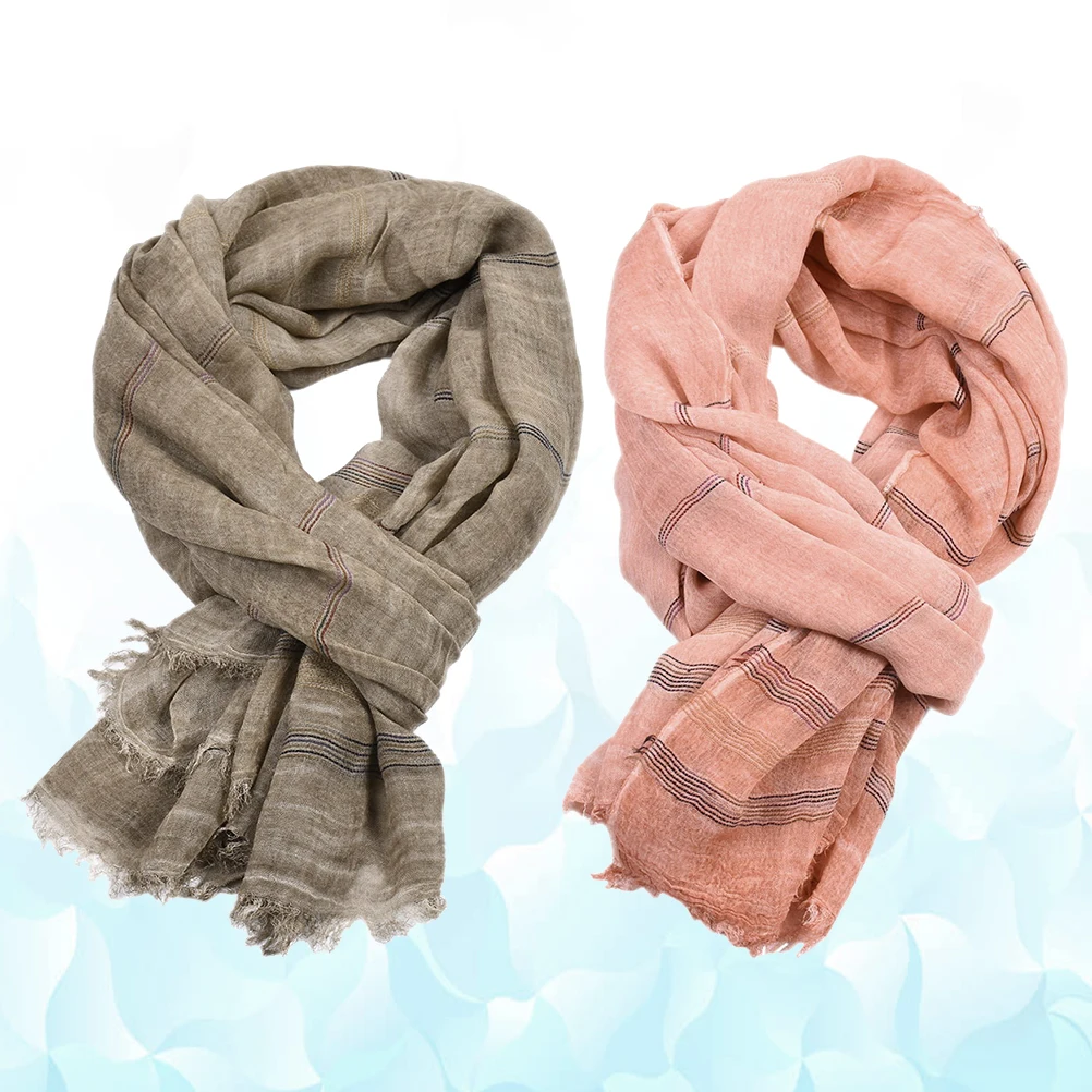 

2pcs Cotton Linen Scarf Unisex Solid Color Shawl Beach Travel Sun Protection Lightweight 175Cm Above Khaki Pink