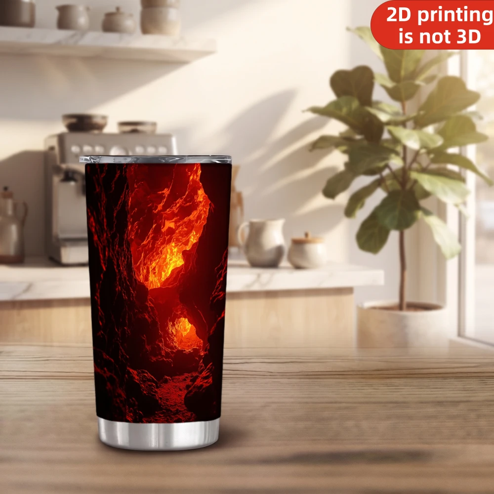 20oz Glowing Lava Cave Printed Stainless Steel Tumbler with Lid and Straw, Fiery Volcanic Magma Cavern Red Fire Landscape Vacuum Insulated Travel Coffee Mug Gifts for Men