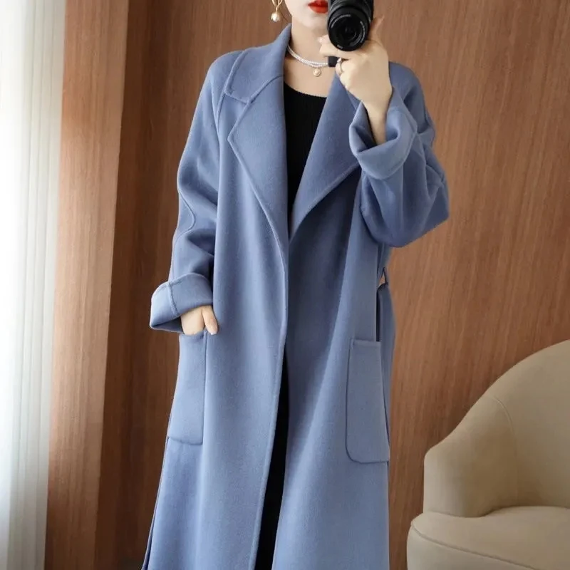 100% Wool Coat Women\'s Wear 2024 Autumn/Winter Fashion Temperament Double sided Cashmere Coats with Belt Elegant Long Overcoat