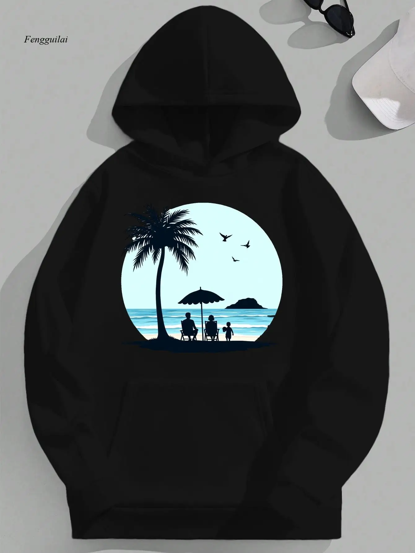 Hoodie with Serene Beach Scene Print - Casual Loose Fit, Long Sleeve Sweatshirt for Casual Attire, Beach Themed Clothing