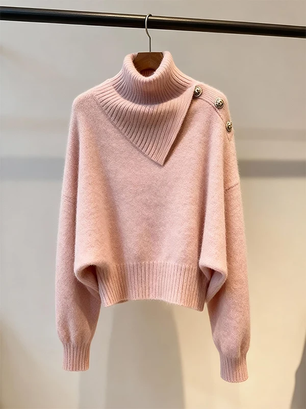 

High-End Women's Knitted Sweater Ele Unique Faionable Waist-Cinching High Ne Pink Top for Young Girls Autumn Winter