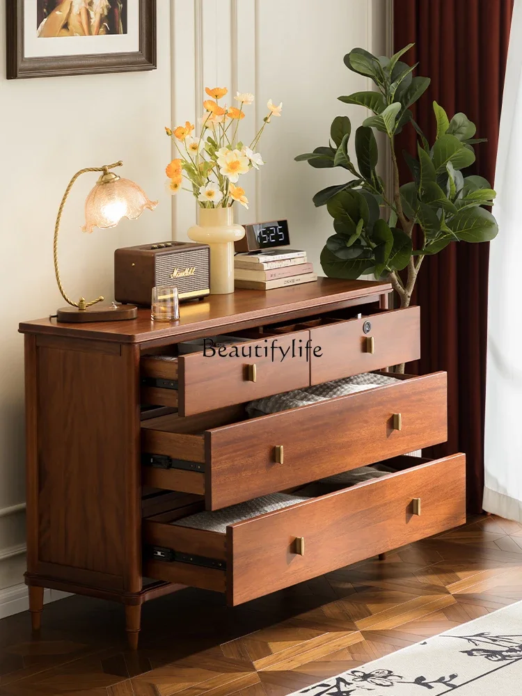 

FG10Antique Chest of Drawers Vintage Solid Wood Bedroom Drawer Fingerprint Lock Log Storage Cabinet