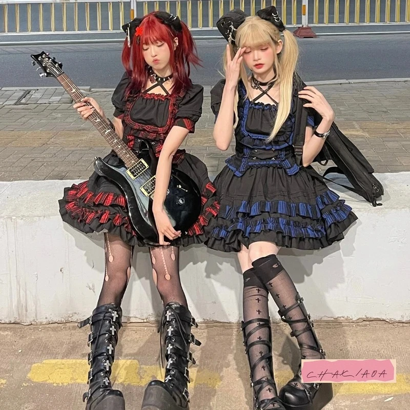 

Japanese Goth punk Lolita 2-piece Cute lace cascaded ruffle edge mini skirt Vintage Victorian top Harajuku street Y2K set women