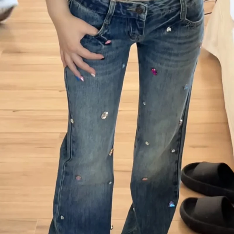 American Retro Hottie Low-waist Micro-flared Jeans for Women Summer Slimming Design Diamond High Street Straight Pants