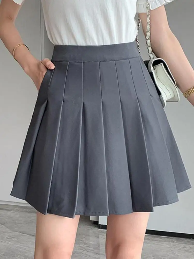 Korean Elastic High Waist Pleated Skirt Woman Black Gray Short A-Line Skirts for Women 2024 Summer Jk Uniform Mini Skirt