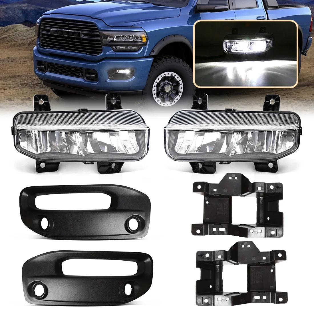 

Car Fog Lamp Assembly For Dodge Ram 1500 2500 3500 2019 2020 2021 2022 Front Bumper White LED Driving Light With Wires Switch