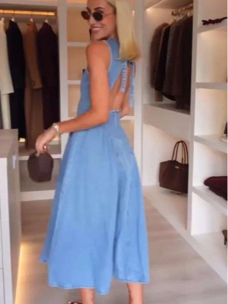 Casual Round Neck Lace Up Backless Denim Dress Sleeveless High Waist Loose Zipper Robe Summer High Street Sexy Solid Clothing image 4