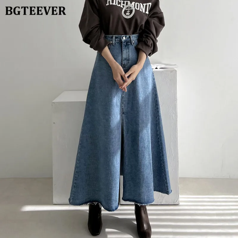 BGTEEVER Spring Summer Pocket Ladies A-line Jeans Skirts High Waist Loose Single Button Split Women Denim Skirts