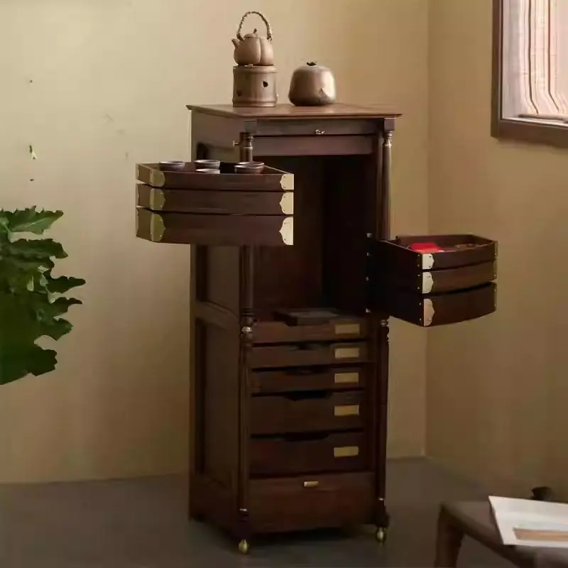 [Hot Sale] Black Walnut Solid Wood Rotary Locker Floor-to-ceiling Teacup Tea Set Storage Cabinet Shelf Dental Cabinet