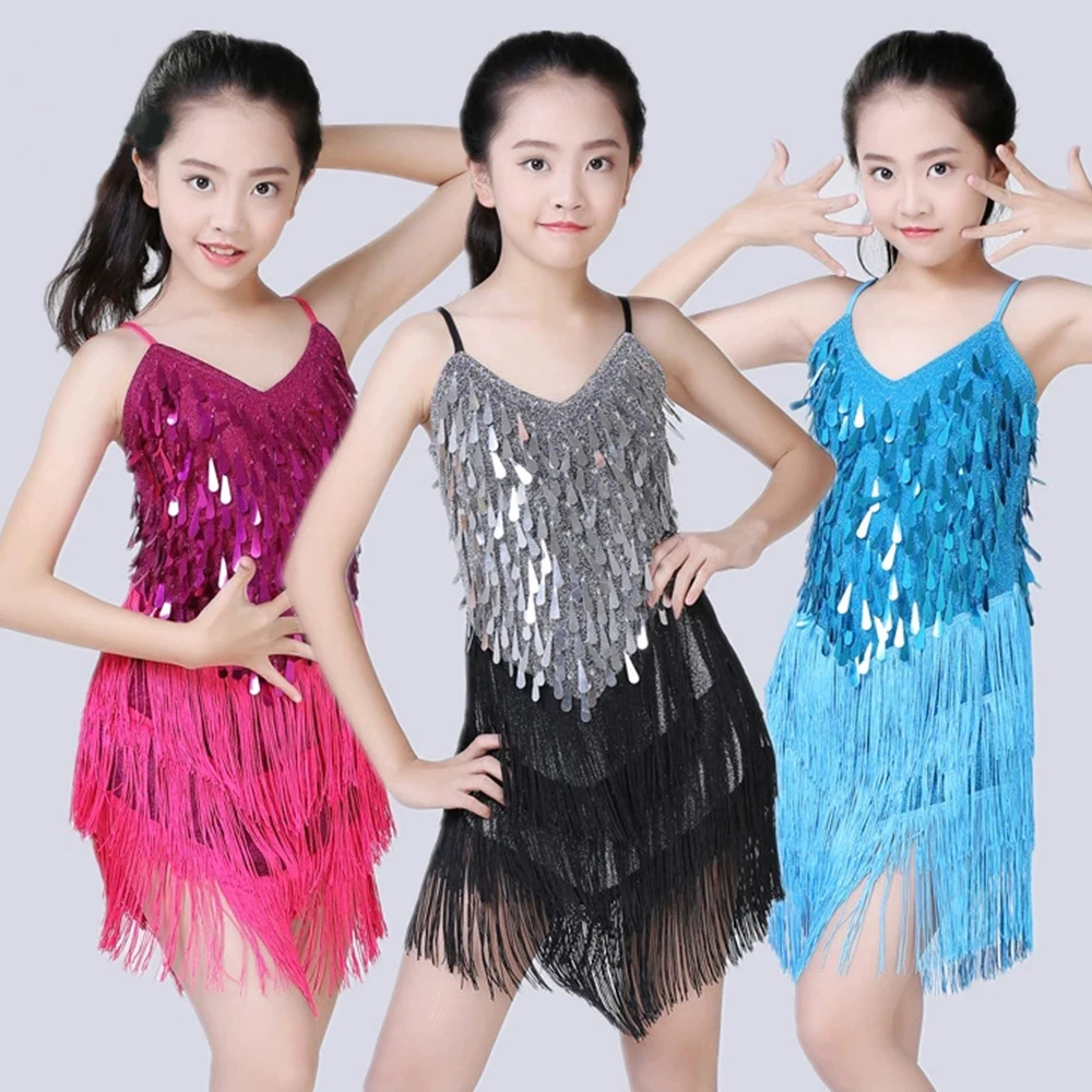 children's-performance-latin-dance-dress-competition-dress-girls'-tassel-dress-festival-performance-dress-sequin-stage-dress