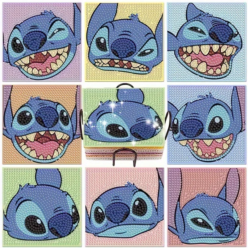 Blue Alien DIY Rhinestone Stitch Coaster Set With Holder Handmade Diamond Painting Cup Mat, Cartoon Waterproof Table Decor Gift