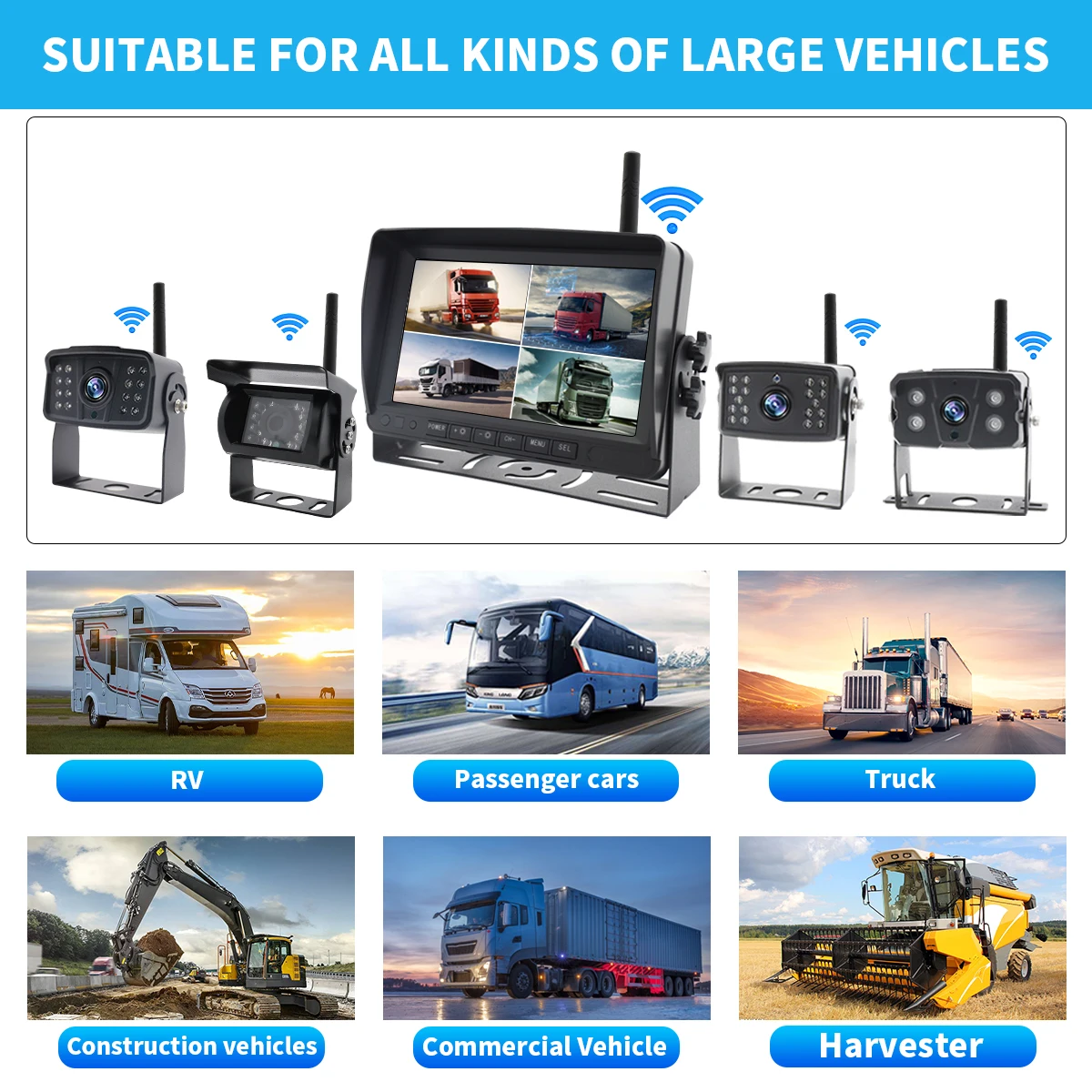 10.1 Inch Rear View DVR Recording Monitor 4pcs Wireless Truck Camera System for Forklift Truck Camera System