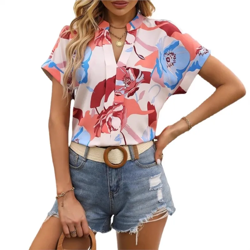 

2025 женская блузка, новая летняя мода, окрашенный цветочный принт, v-образный вырез, женский топ с короткими рукавами, женский пуловер с цветочным принтом, рубашки