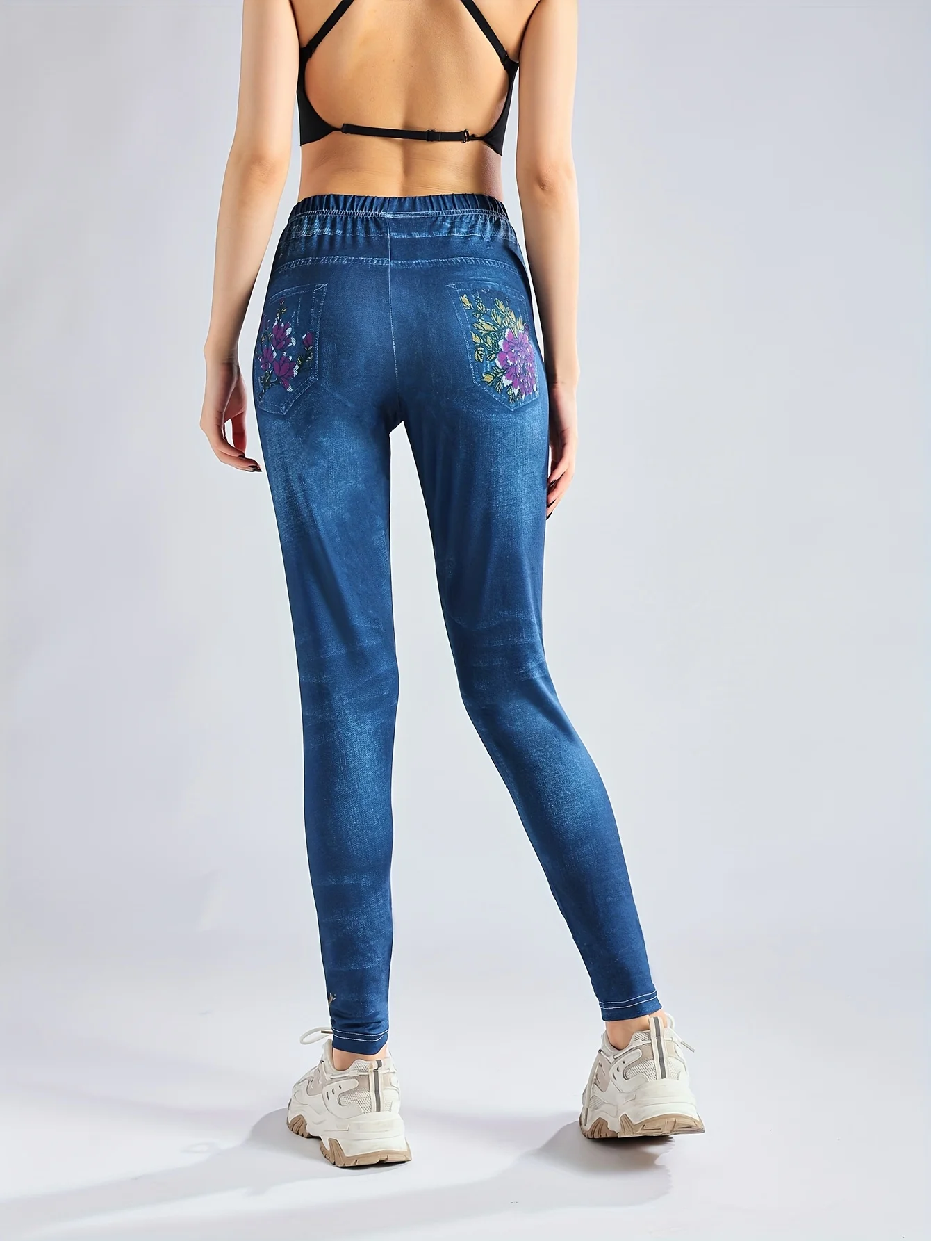 Women\'s Floral Printed Leggings Imitation Denim High Waisted High Elastic Leggings Casual Pencil Pants