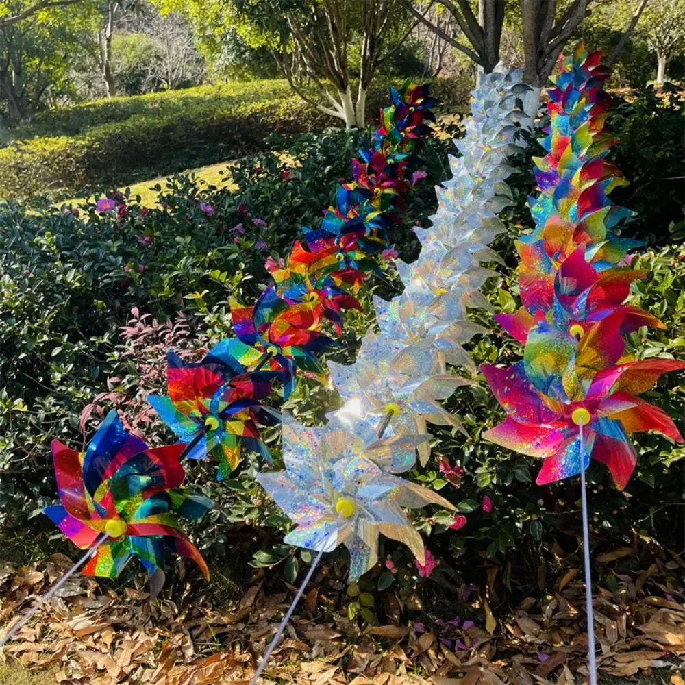 

10pcs/set with Rope Strings Colorful Arch Corridor Windmill Colorful Laser Color Changing 8 Leaves Pinwheels Plastic 24cm