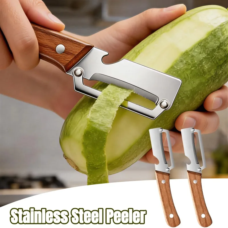 Pelador de verduras con mango de madera, pelador de acero inoxidable con abridor de botellas, herramienta versátil para pelar frutas y verduras en la cocina