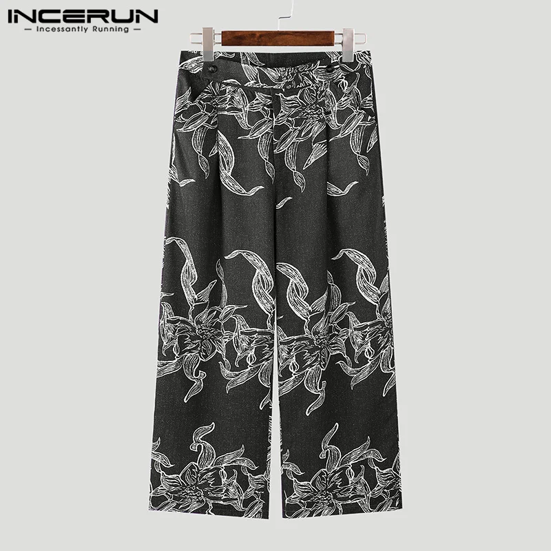 INCERUN Men Pants Printing Button Joggers Loose Casual Wide Leg Trousers Men Streetwear 2024 Pleated Fashion Long Pants S-5XL