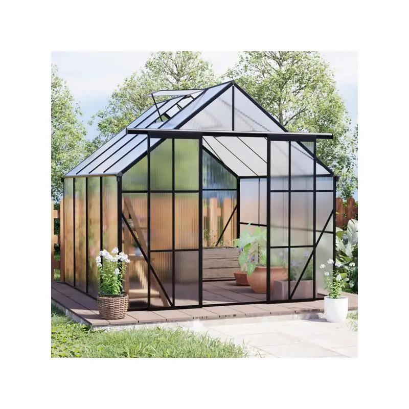 

Heavy Duty Walk-In Polycarbonate Greenhouse with Raised Base and Anchor for All-Season Outdoor Use, Black