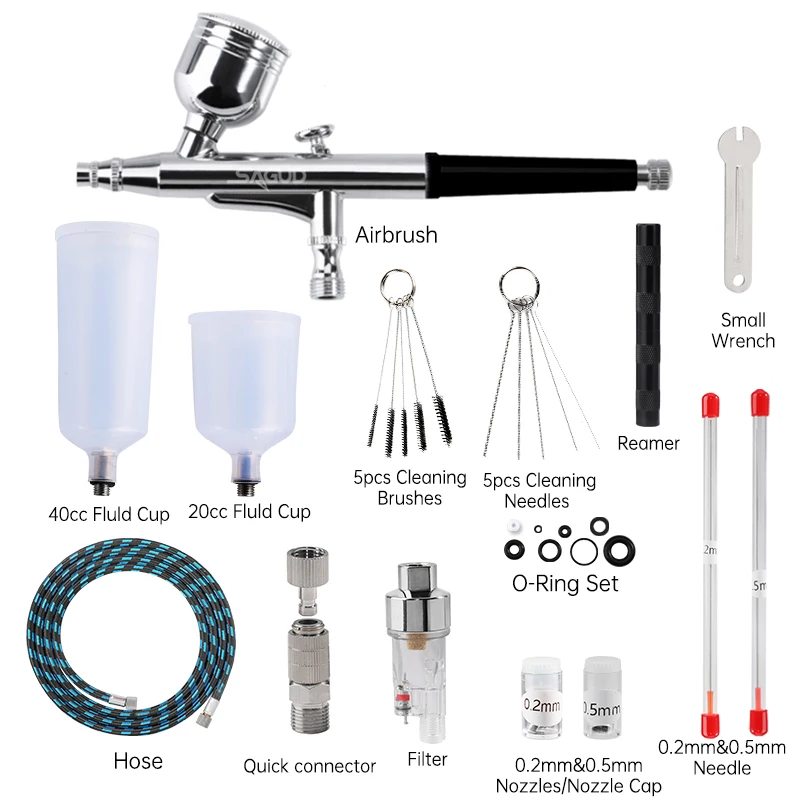 Dual Action Airbrush Kit Gravity Air Brush Gun with 0.3/0.5mm Nozzle Cleaning Brush Accessories for Nails Cake Model Painting