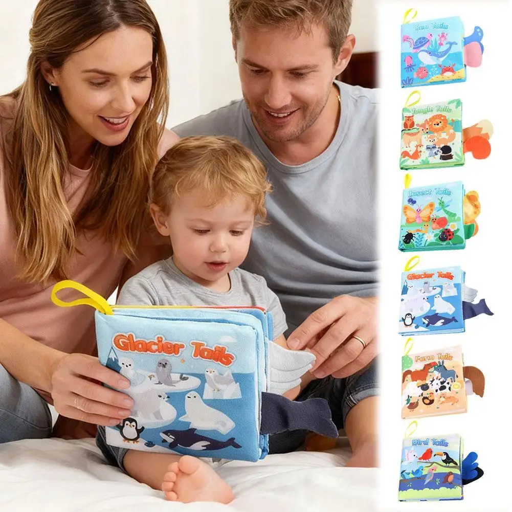 Miękka książeczka edukacyjna dla niemowląt, nadająca się do prania, z kreskówkowymi zwierzętami, z ogonami, książeczka filcowa do wczesnej edukacji, zabawki edukacyjne dla niemowląt, G5F0