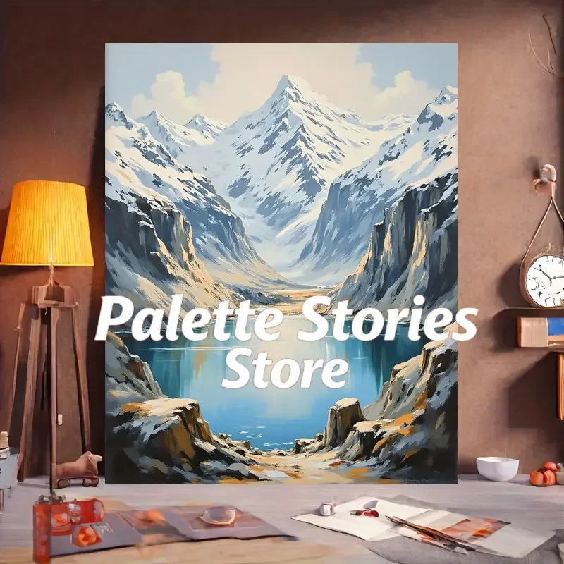 Kit de peinture par numéros FramelessOne, idéal pour les débutants, avec une scène de montagne hivernale enneigée et paisible, parfait pour les minimalistes