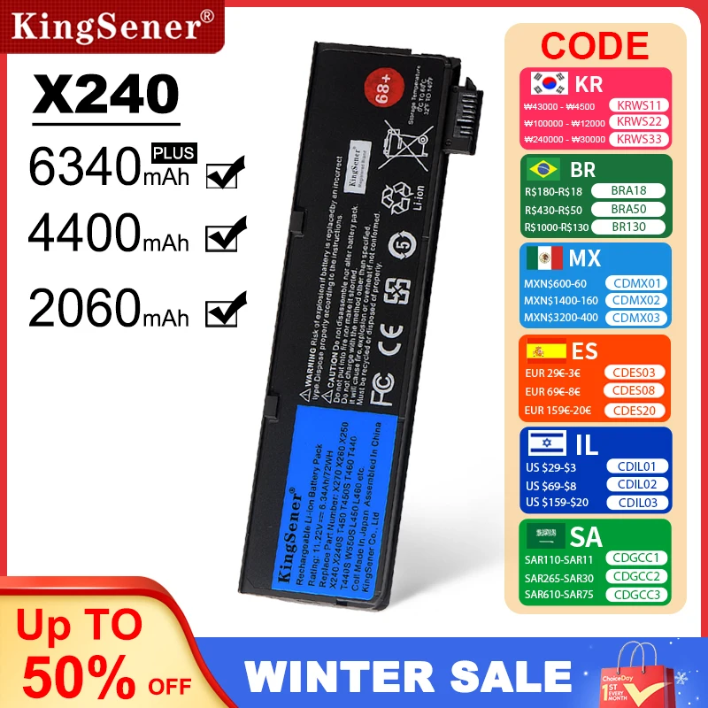 KingSener Laptop Battery For Lenovo Thinkpad X270 X260 X240 X240S X250 T450 T470P T440S K2450 W550S 45N1136 45N1738 68+