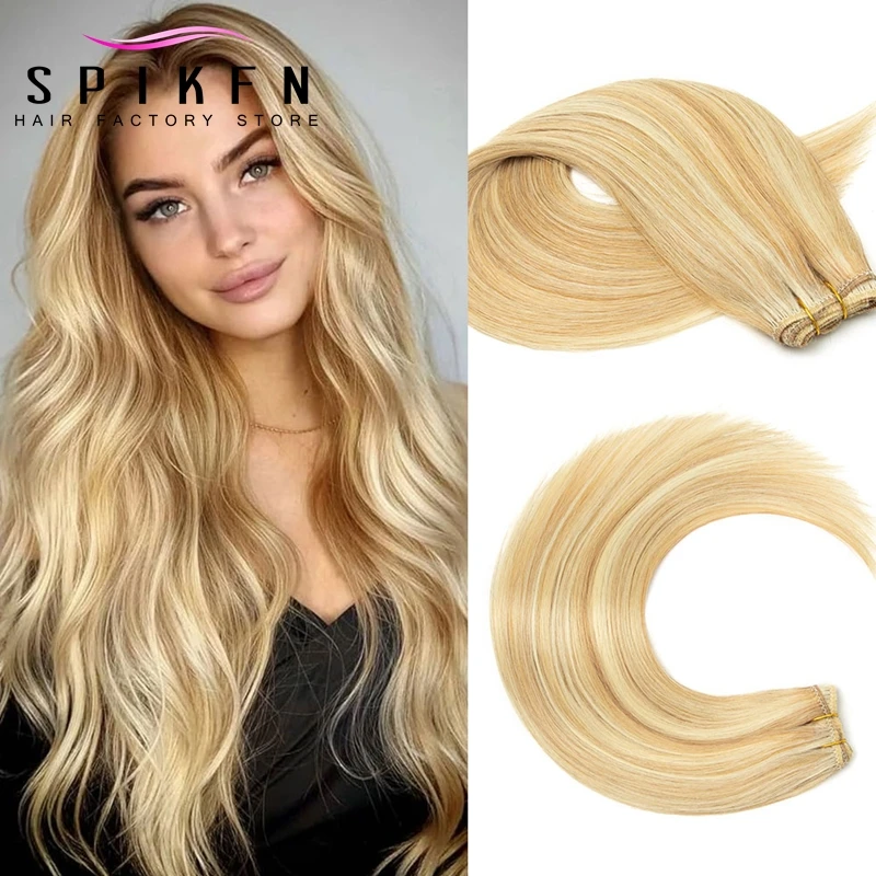 Extensions de Cheveux Naturels Lisses et Soyeux à Double Trame de 12 à 24 Pouces, Mèches Blondes à Reflets, 50g