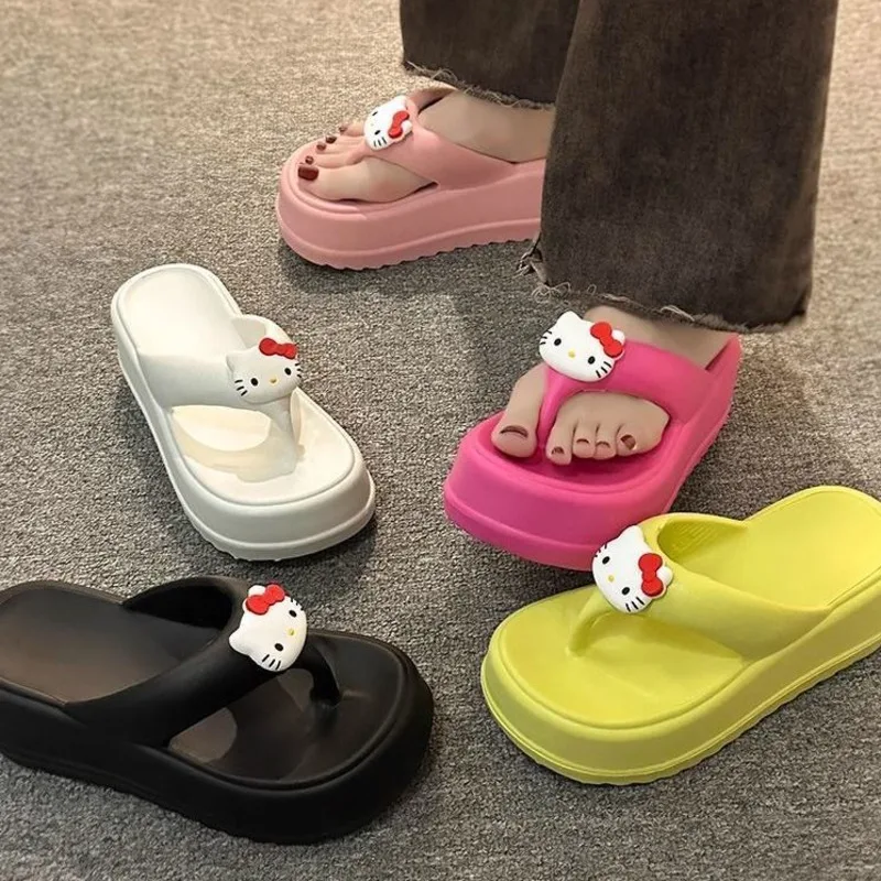 Sanrio Hello Kitty Thick-soled Flip Flops Women Summer Outdoor Platform Shoes Cartoon Beach Sandals Y2k Female Fashion Slippers